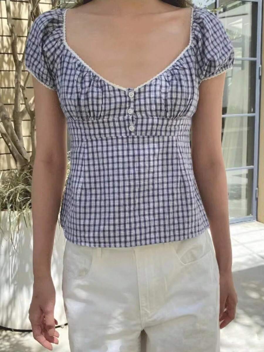 Women Y2k Fairy Grunge Button Shirts Lace Trim Square Neck Crop Top Short Sleeve Slim Fit T -Shirt Tees Going Out Blouse Tops Beach Vacation Tops For Teen Girls Summer Casual Streetwear Vintage 90s Aesthetic Clothes - Màu xanh lam - Xem 1