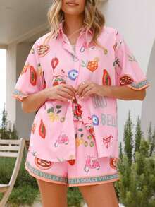 时尚印花休闲百搭衬衫开衫短裤套装