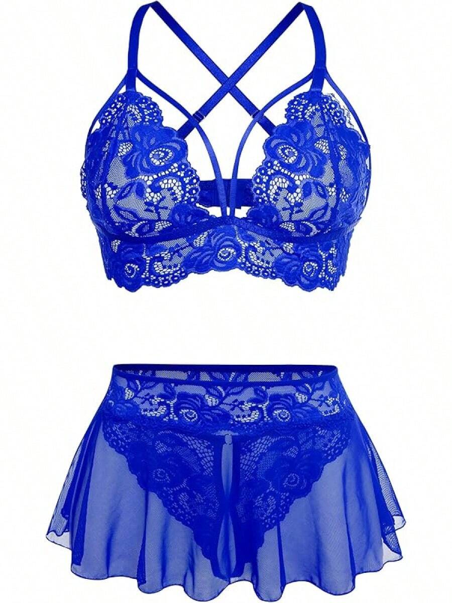 Lingerie Women Naughty 3 Piece Bralette, Skirt With G String Crotchless