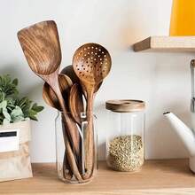 Elegante juego de vajilla de madera - Herramientas de cocina con estilo para cocinar y servir, perfecto como regalo para el Día de la Madre, Acción de Gracias, Halloween, Pascua, Navidad, artículos esenciales de cocina para días festivos | Cucharas de madera de moda | Utensilios de cocina resistentes, regalos de Halloween - Marrón - Ver 3