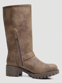 GLOBALWIN Chunky Mid Calf Fashion Dressy Motocycle Biker Military Style Combat Boots For Women Low Heel Fall Boots Halloween Season - 駝色 - 查看 6