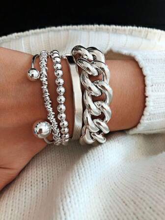 4pcs/Set Minimalist Punk Style Thick Chain Bracelets For Women, Suitable For Holiday, Date, Gift, Daily Matching