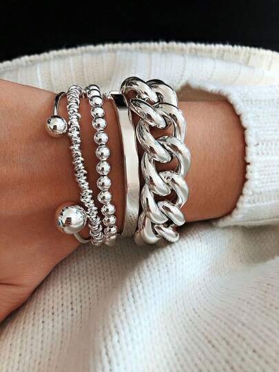 4pcs/Set Minimalist Punk Style Thick Chain Bracelets For Women, Suitable For Holiday, Date, Gift, Daily Matching
