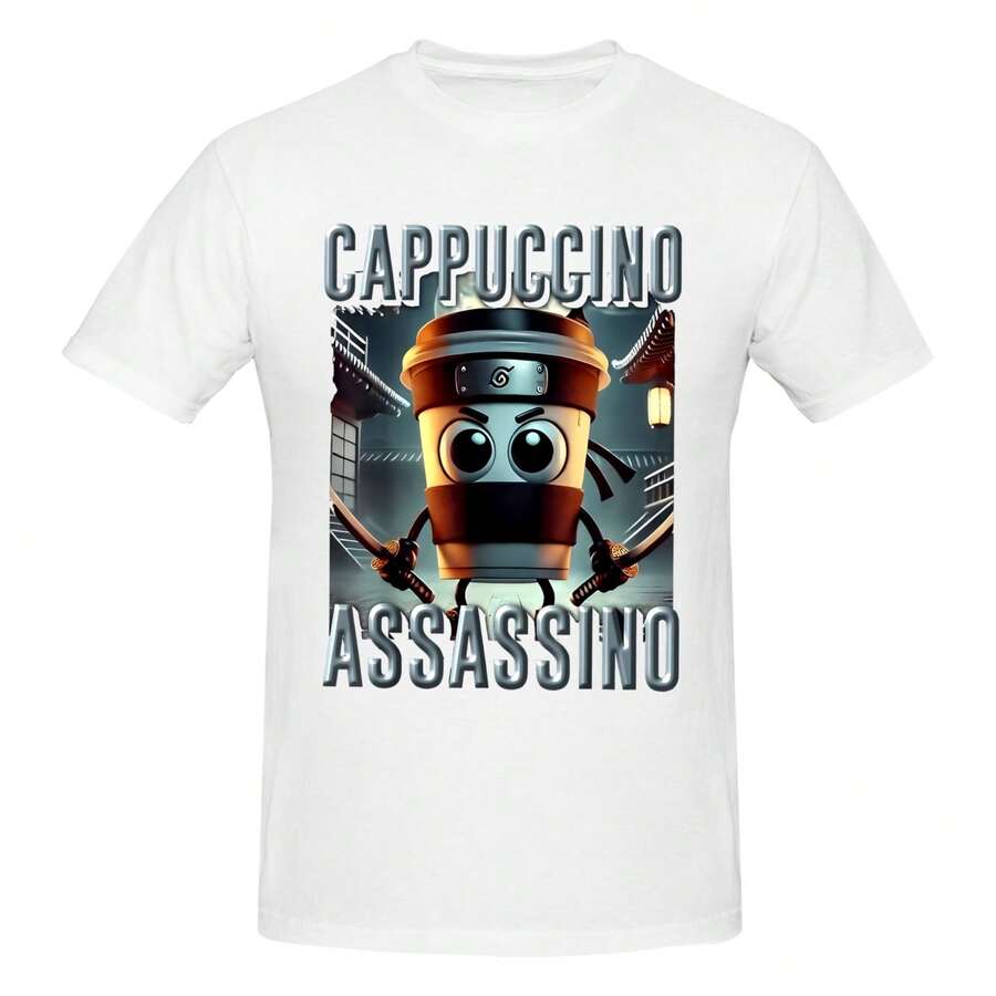 Ing Meme Brainrot Italian Cappuccino Assassino T-Shirt220g High-Quality Pure Cotton T-Shirt With Minimalist Printing, Soft And Breathable Fabric, Comfortable And Loose, Suitable For All Day Wear, Suitable For Office Casual Wear, Spring And Summer Daily Appearance, Elegant And Youthful Design - 白色 - 查看 1