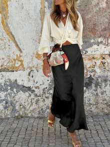 Elegant Vacation Casual Solid Color Skirt - Black - View 8