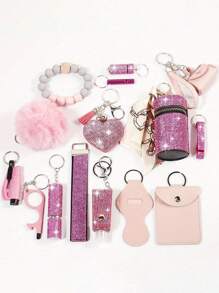 1 set de 15 pièces Porte-clés à strass pour femme - Porte-clés avec sangle de poignet, sac de rangement et accessoires de porte-carte à pompon. Kit d'accessoires de sac, de voiture