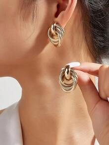 1pair Fashionable Gold Tone Metal Multi-Turn Knotted Design Stud Earrings For Women, Double Hoop Studs, Statement Dangling Earrings, Unique Earrings. (The Color Of The Product May Vary Slightly Under Different Displays/Lighting Conditions) - 金黃色 - 查看 6