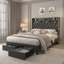 SIBEDS Black PU Leather Bed Frame With LED Lights, Storage Drawers, Galaxy Projector, Charging Station, Speaker, Aurora Lighting, 2-Tier Headboard, Noise-Free Design - 聚氨酯黑色 - 查看 8