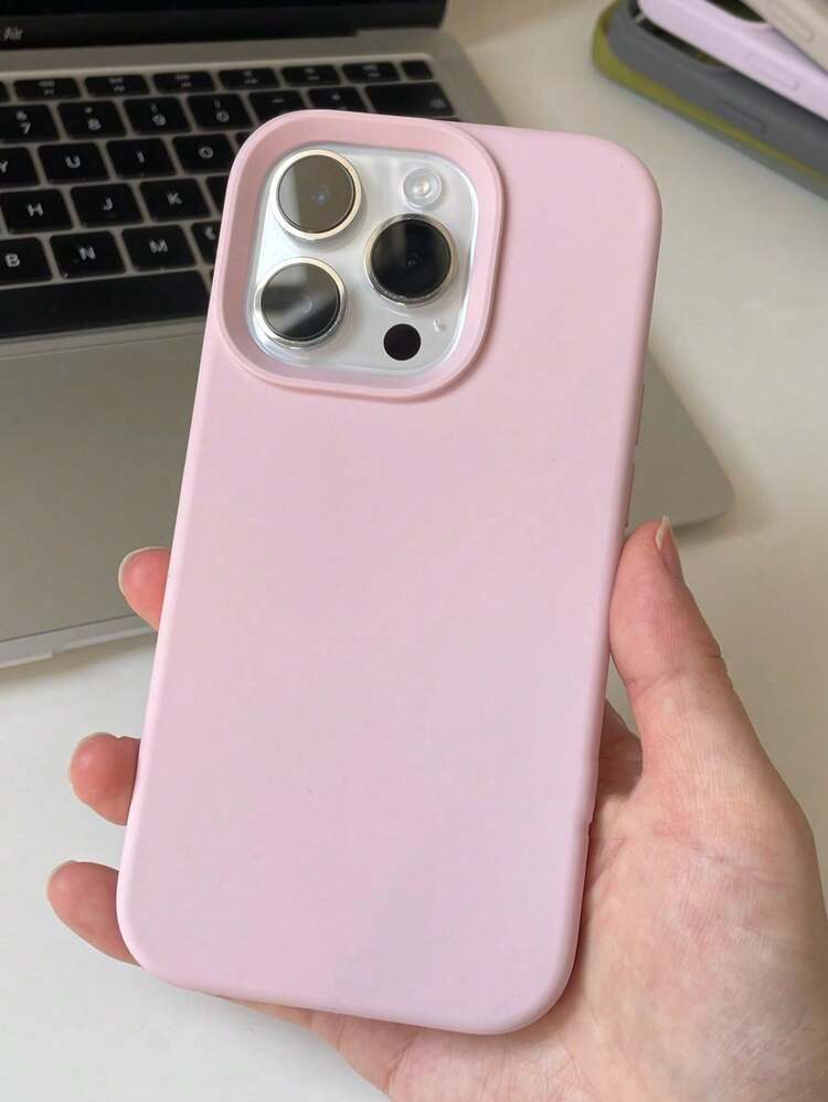 Solid Color Material Pink Liquid Silicone Shockproof Grooved Button High-Quality Liquid Silicone Mobile Phone Case Compatible With IPhone 16 15 14 13 12 11 Pro Max Soft Waxy Eraser Feel Skin Friendly Waterproof Anti-Fall Scratch Resistant Spring Pastel Gift Easter - Pink - View 3