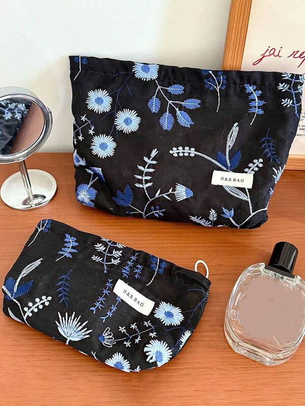 Conjunto de 1 bolsa de cosméticos da moda Y2K, base preta com bordado floral azul, bolsa de higiene pessoal, bolsa de armazenamento com zíper conveniente, porta-pincel de maquiagem, bolsa de maquiagem multifuncional, adequada para compras, encontros, férias, viagens, feriados, festas ou presentes, material escolar, itens essenciais de viagem - [H&R BAG] Nova coleção 2025