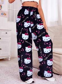 Sanrio Women's Sanrio Hello Kitty Warm Fleece Allover Print Fluffy Pants, Cartoon Kawaii Goth Lolita Style Soft Loungewear Trousers, Plus Size Sleepwear