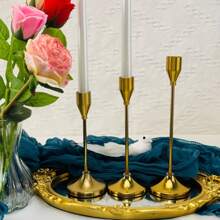 3pcs/Set Brass Gold Taper Candlesticks, Vintage Candle Holders, Metal Candle Stands For Home Decor, Dining Table & Fireplace Centerpiece, Perfect For Christmas, Thanksgiving (Candles Not Included)