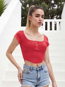 Women's Button Up Crop Top Ribbed Scoop Neck Cap Sleeve Shirt Slim Fit Summer Blouse For Casual Streetwear - 紅色 - 查看 8