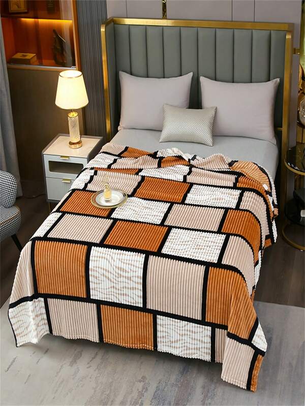 1pc Striped Plaid Fleece Blanket, Soft Warm Throw Blanket For Bed, Sofa, Office Nap, Air Conditioning, Small Blanket