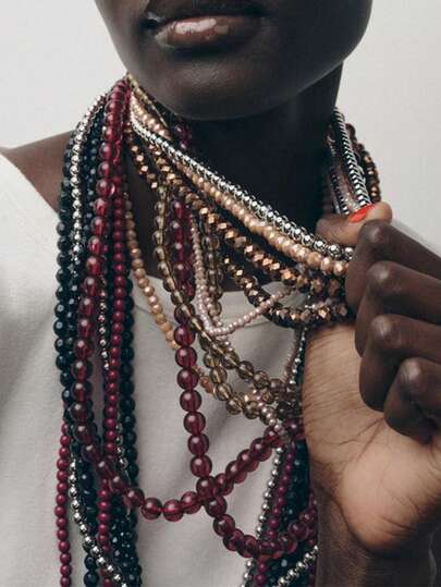 ZAA彩色珍珠项链 欧美风 彩色米珠多层复古项链 夸张优雅 女士项链 波西米亚串珠叠戴项链 仿珍珠设计