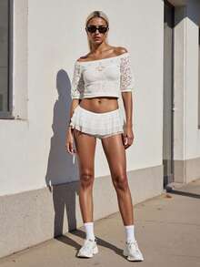 Pantalones bombachos de mujer con volantes en capas y lazo, de talle bajo, para usar debajo de vestidos y ropa de verano. - Blanco - Ver 4
