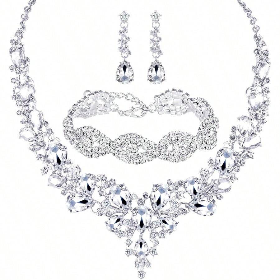 3 4 Pieces Women Jewelry Set Rhinestone Crystal Bride Statement Choker Necklace Tiara Crown Link Bangle Bracelet Teardrop Dangle Earrings Set7