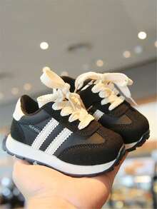 1 par de zapatillas deportivas planas, casuales y lindas con diseño de gancho y bucle de bloques de color para niños pequeños, adecuadas para primavera y otoño - Negro - Ver 6