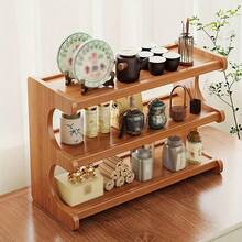 3-Tier Wooden Kitchen Storage Rack, Vintage Wooden Multipurpose Organizer Shelf - Space-Saving Design Rack For Displaying Tea Cups, Teapots & Tableware With Countertop Cup Holder - 3 lớp - Xem 2