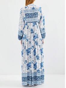 Women's Solid Color Tassel Tie-Front Lantern Sleeve Ruffle Hem Elegant Dress - Turquoise - View 7