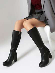 Women's Fashion Thick Heel Over-The-Knee Boots, Round Toe Versatile Side Zipper Sexy Punk Boots, Suitable For Autumn & Winter - Black - View 2