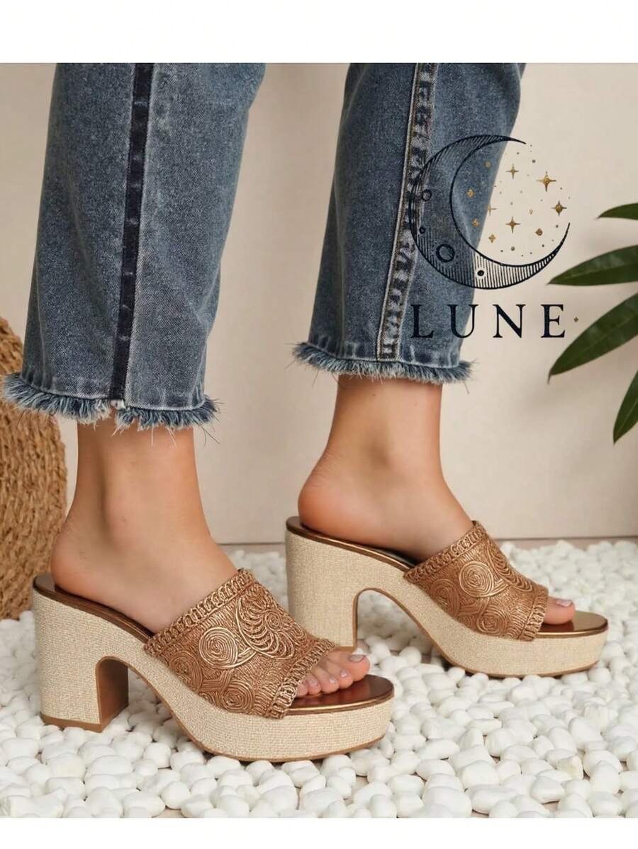 Women's Fashion Bohemian Style Platform High Heel Slide Sandals - Coffee Brown - View 1