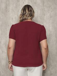 ONLYONE - PLUS SIZE WOMEN'S BLOUSE, SHORT SLEEVE, PRINCESS, PLEATED NECKLINE, LIGHT DUNES - ELEGANT WOMEN'S BLOUSES, LARGE - Redwood - View 2