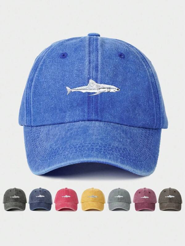Women's Embroidered Shark Wash Baseball Cap For Outdoor Use, Adjustable, Sun Protection, Casual Travel Hat Suitable For Spring And Autumn, Beach Vacations, Men's Sun Hats, Y2K Style Youth Caps