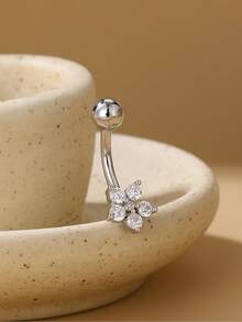1pc Elegant Floral Cubic Zirconia Belly Button Ring, Women's Body Piercing Jewelry - Flower - View 3