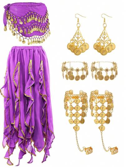 Set de 5 piezas de accesorios para danza del vientre, incluyendo falda con 8 piezas, set de joyas, cinturón de cintura con monedas, decoración para fiesta y boda