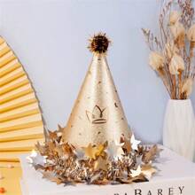 Plush Ball Pompom Star Trim Birthday Hat, Cake Party Decor Matte Pearl Cone Tip Cap For Adults