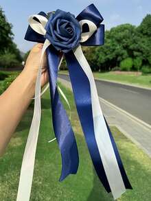 1PC婚车后视镜门把手蝴蝶结装饰欧美复古色车队花，婚礼椅背花车花两用扎花，缎带玫瑰扎花婚庆用品 - 彩色 - 查看 10