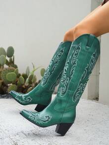 秋冬女士西部刺绣套穿式过膝长靴，粗跟V型开口时尚靴，牛仔靴 - 墨綠色 - 查看 2