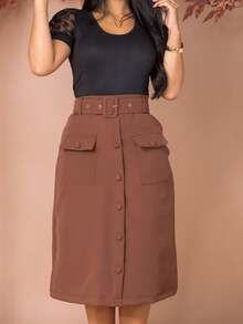 Women's Elegant Tailored Midi Skirt With Belt And Pocket Evangelical Fashion - 鏽棕色 - 查看 5