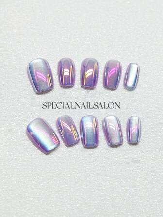 10 件套亮面按压指甲 - 短方形，紫色猫眼设计，带欢乐边缘，可重复使用假指甲，适合女士和女孩，猫眼指甲油，可爱短按压指甲，美甲用品