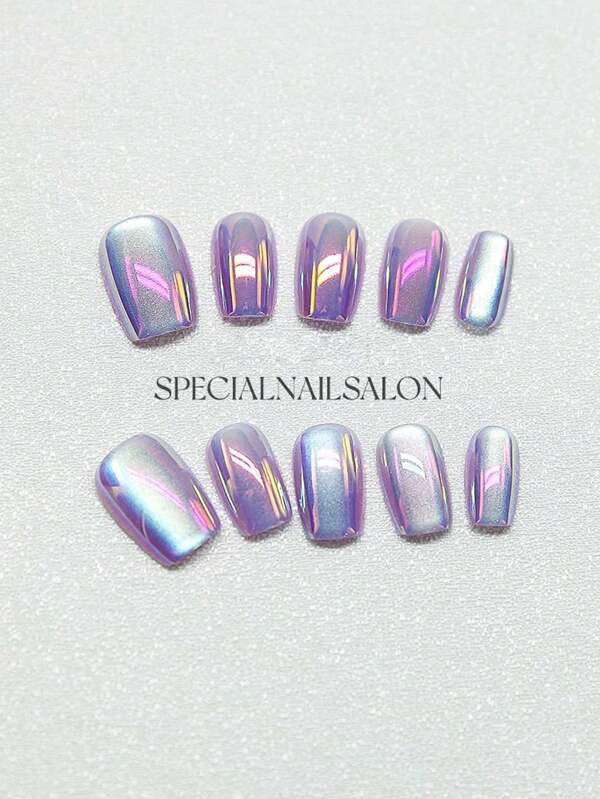 10pcs Set Glossy Press-On Nails - Short Square, Purple Cat's Eye Design With Joyful Edge, Reusable False Nails For Women And Girls Cat Eye Nail Polish Cute Short Press On Nails