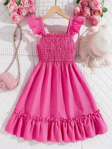 Cap Sleeve Cinched Waist A-Line Girls Dress, Bright Pink, Casual Summer Holiday Sundress, Tween Girl - Hot Pink - View 2