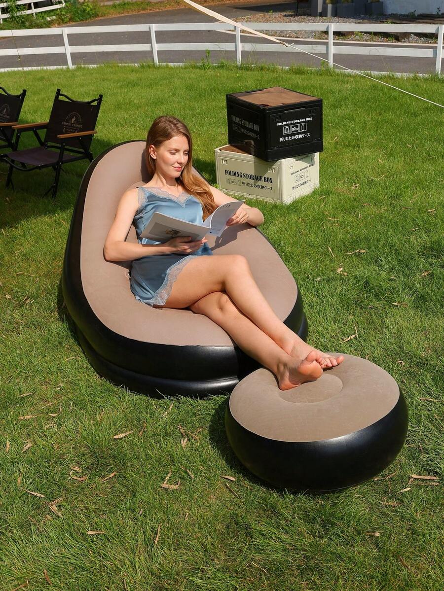 大型充气懒人沙发椅，PVC材质躺椅，豆袋沙发，冥想垫，榻榻米客厅用品，户外露营装备 - 咖啡棕 - 查看 1