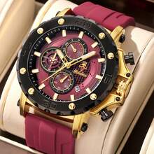 YalaLuSi Brand A Fashionable Of Men's Quartz Watch Large Round Watch Calendar Dial Triple Eye Design Multi-Function Dial Luminous Hands Advanced Feeling Suitable For Work School Gifts Preferred To Send Friends, Family, Brothers - Gold - View 2