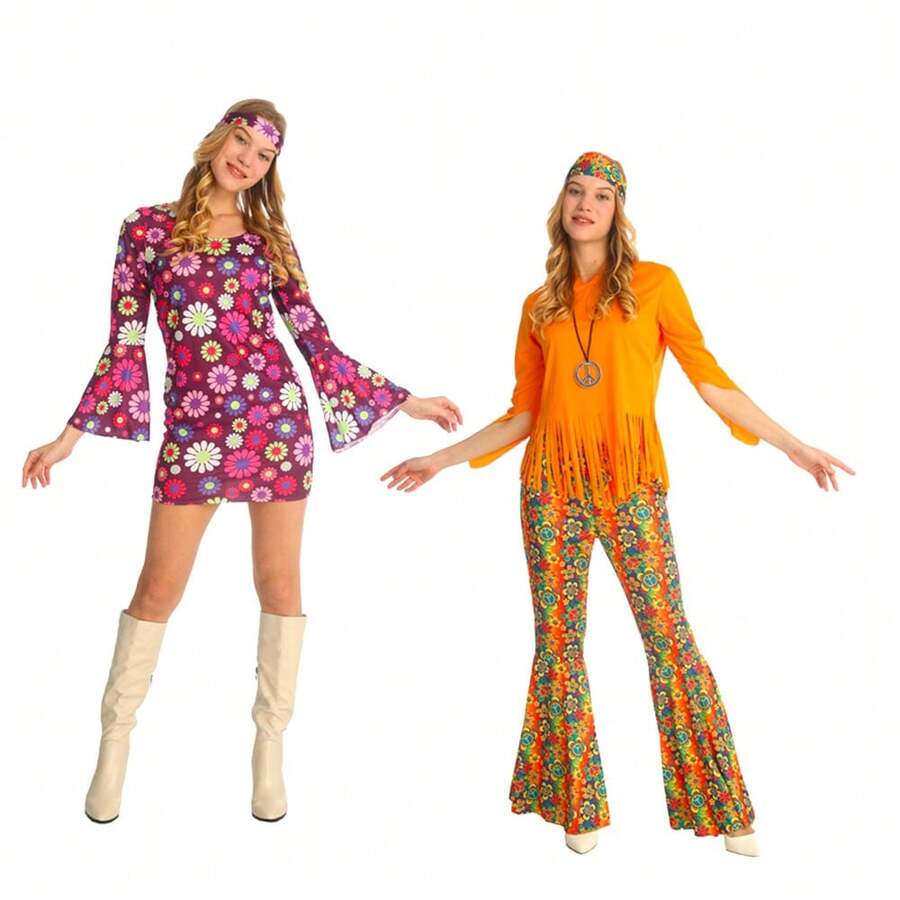 女士嘻哈舞台风格裙子和套装，适合各种表演的复古嬉皮士服装，趣味连衣裙