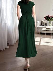 Glamful Elegant Commute Casual Basic Elegant Solid Color Knit Fabric Drawstring Summer Dress - Dark Green - View 5