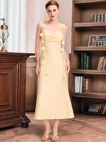 EVERPRETTY Vestido de dama de honor amarillo lindo de verano, vestido de invitada de boda de longitud media con tirantes de satén y flores 3D, adecuado para bodas, cumpleaños, galas, fiestas y otras ocasiones - Amarillo - Ver 8