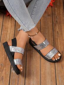 Glitter Women's Minimalist Double Strap Slingback Wedge Sandals, Ladies Black Flat Sandals For Summer, Comfortable Beach Resort Vacation Shoes