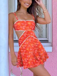 Women's Boho Floral Cut Out Cami Mini Dress Spaghetti Strap Hollow Out Flowy Slip Short Dress Summer Backless Sleeveless Casual Going Out Dresses Beach Vacation Sundress - Màu Cam cháy - Xem 1