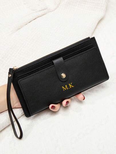 1 pieza Billetera larga personalizada de material de PU para estudiantes, unisex con diseño de cierre simple de botón y cremallera, puede acomodar efectivo, monedas, tarjetas bancarias, etc. Personalizado con letra de oro en relieve, adecuado como regalo de San Valentín, regalo de cumpleaños, regalo festivo, útiles escolares, para la escuela, el aula, estudiantes universitarios, adolescentes, regalo para maestros, estudiantes de secundaria, estudiantes universitarios, estudiantes de primer año