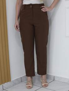 Women's Refreshing Plain Tailored Trousers With Button - Maxma 6631 - Rust Brown - View 2