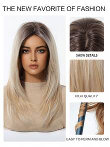 渐变金色假发，中长发，无刘海，耐热合成发，柔软，逼真，透气，适合初学者，适合女性派对、日常通勤、节日、旅游，16 英寸