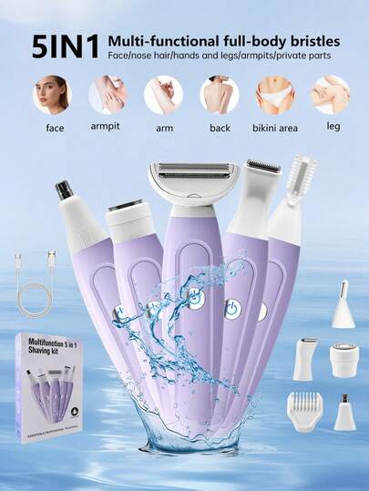 YTWO Depiladora eléctrica inalámbrica 5 en 1, depilación para el verano, áreas sensibles, afeitadora eléctrica para mujeres, recortadora de vello del bikini, set de afeitadora multifuncional 5 en 1 para mujeres, apta para cara, nariz, cejas, brazos, axilas, piernas, áreas sensibles del bikini, uso en seco y húmedo, lavable, regalo para mujeres, capacidad de batería: 600mAh