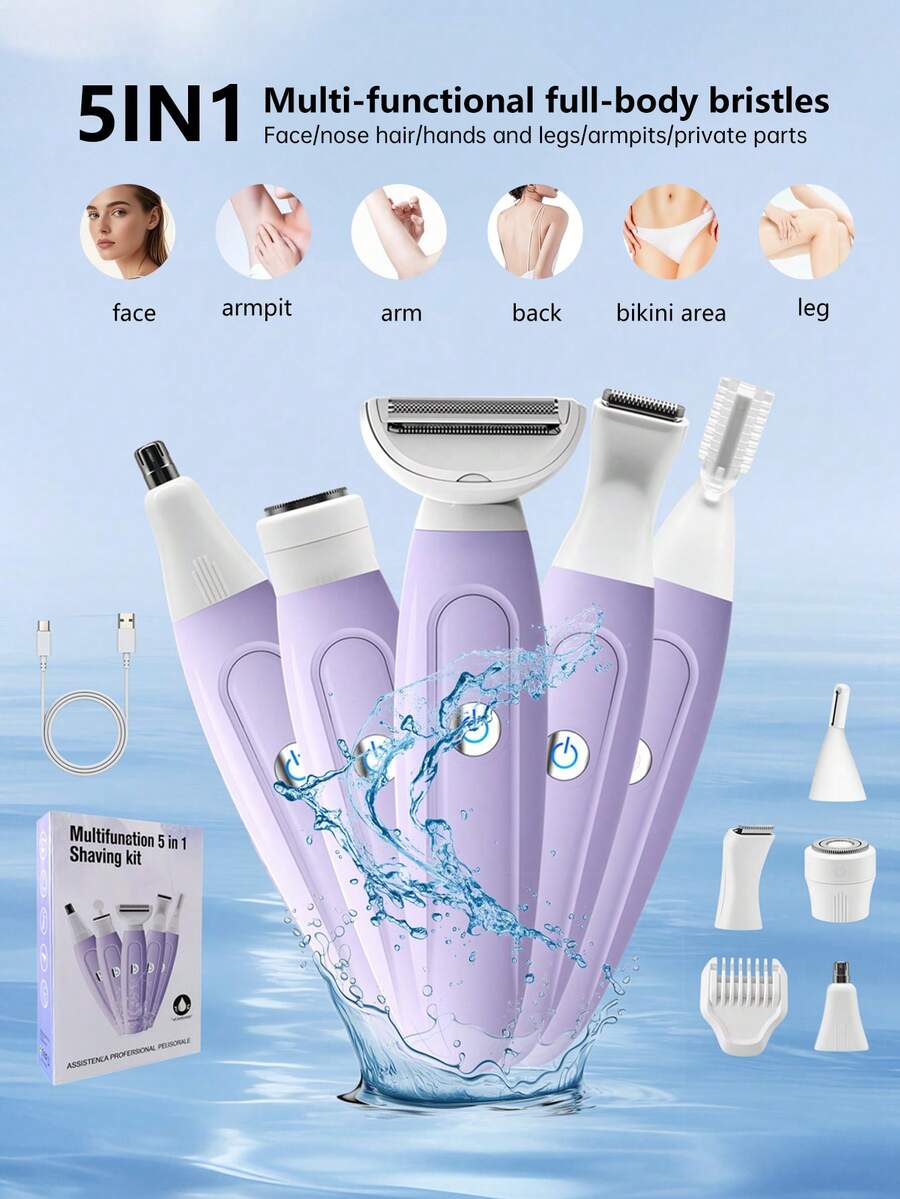 YTWO 5-In-1 Wireless Electric Epilator, Hair Removal For Summer, Sensitive Areas, Women's Electric Shaver, Bikini Hair Trimmer, Multi-Functional 5-In-1 Women's Shaver Set, Suitable For Face, Nose, Eyebrows, Arms, Armpits, Legs, Bikini Sensitive Areas, Wet & Dry Use, Washable, Gift For Women, Battery Capacity: 600mAh
