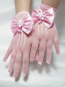 1 双儿童蕾丝镂空蝴蝶结公主手套（适合派对节日活动） - 粉色 - 查看 1